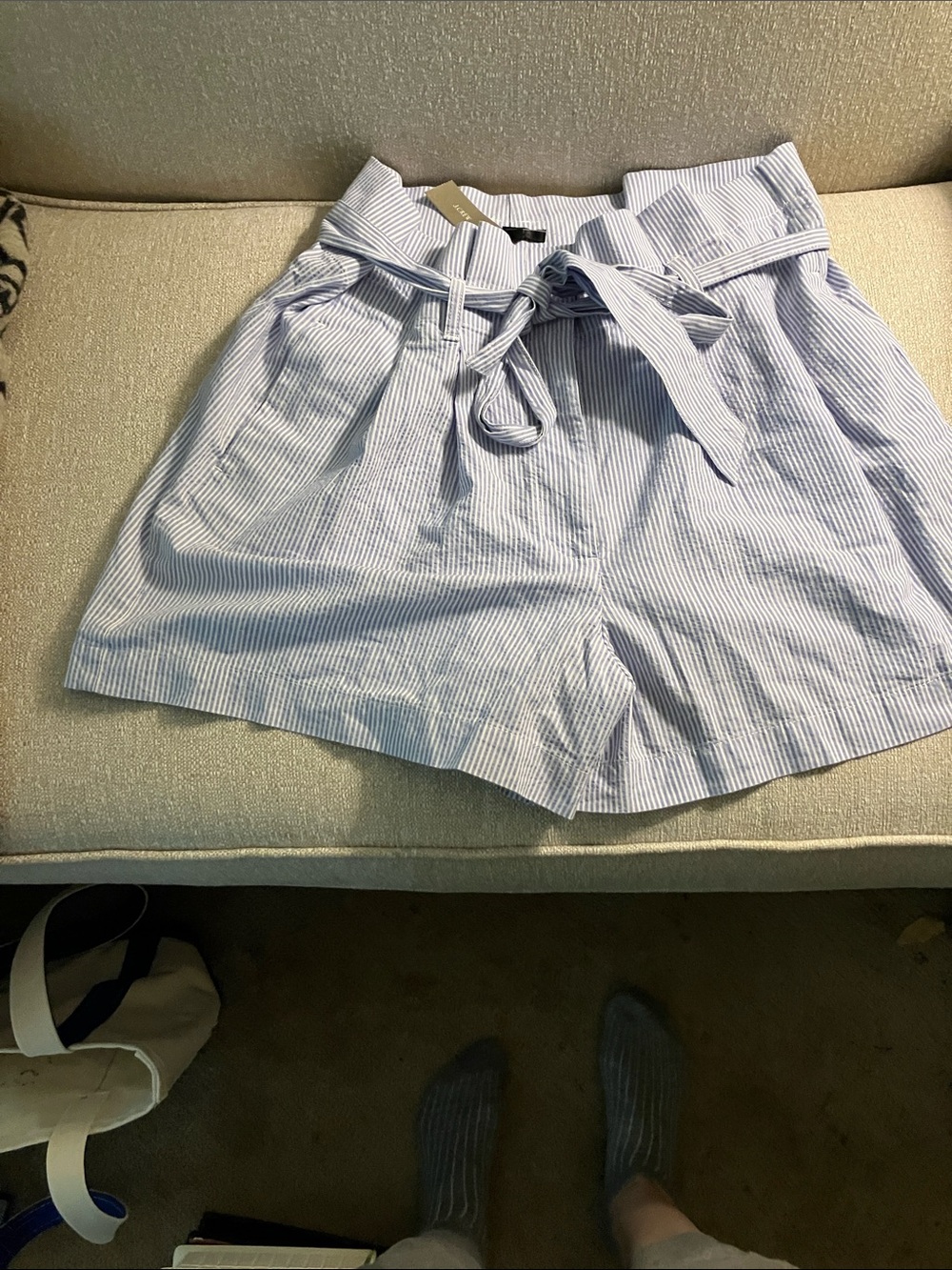 J. Crew Light Blue & White Pinstripe Paperbag Waist Shorts